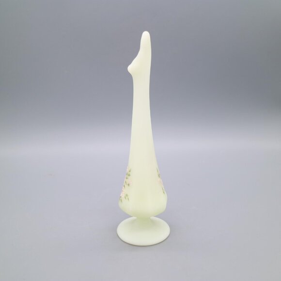 Fenton Yellow Satin Custard Glass Hand Painted Swung Vase Pink Blossoms Signed - Picture 5 of 10